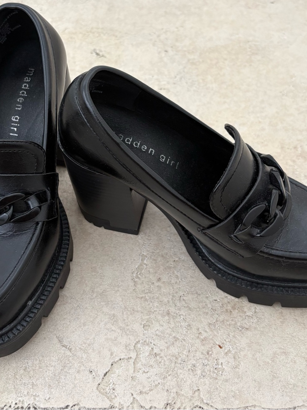 Madden Girl Black Chunky Heel Chain-Trim Platform Loafers